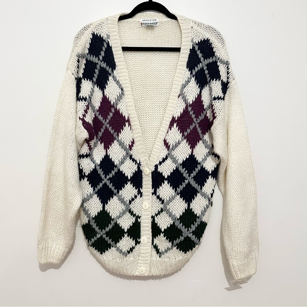 Currants Hand Knit Vintage White Geometric Sweater Size large vintage